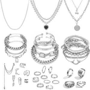 Silver Plated Jewelry Set with 3 PCS Necklace, 12 PCS Bracelet, 7 PCS Ear Cuffs Earring, 14 Pcs Knuckle Rings