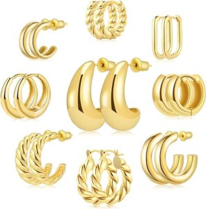 9 Pairs Gold/Sterling Silver/Rose Gold Plated Hoop Earrings Set for Women Trendy Chunky Gold Hoops 14K Real Gold Plated Small Huggie Ball Earrings