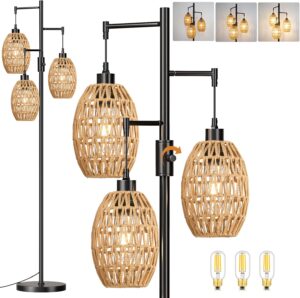 Dimmable Floor Lamp for Bedroom 3-Lights Boho Floor Lamp with Rattan Lamp Shades,Rustic Floor Lamp Black Tree Tall Lamps Modern Standing Floor Lamps for Living Room Bedroom Corner
