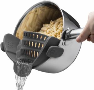 Snap N' Strain - Silicone Clip-On Colander, Heat Resistant Drainer for Vegetables and Pasta Noodles, Kitchen Gadgets for Bowl, Pots, and Pans - Essential Home Cooking Tools - Grey