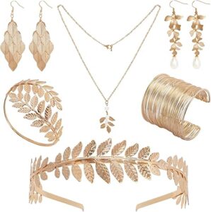 8 PCS Greek Costume Accessories Set Greek Accessories Greek Jewelry Include Golden Laurel Leaf Crown Leaf Armband 2 Pairs Earring Coil Bracelet Pearl Leaf Dangle Necklace for Women