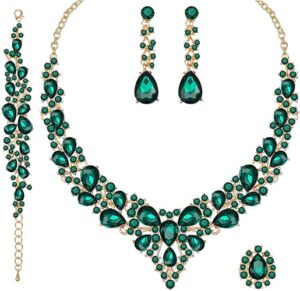 4 Pcs/Set Austrian Crystal Necklace Earrings Bracelet Ring Bridal Jewelry Sets for Brides Wedding Party Costume Accessories