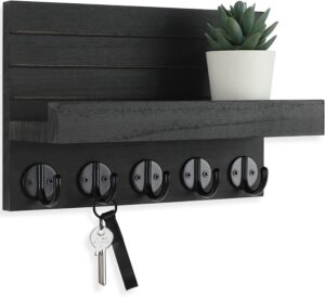 Key Holder for Wall, Decorative Key and Mail Holder with Shelf Has Large Hooks for Bags, Coats, Umbrella – Paulownia Wood Key Hanger with Mounting Hardware