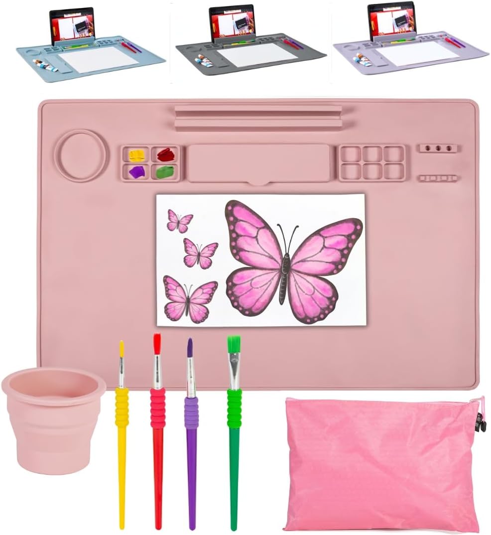 Large Silicone Craft Mat - Painting Mat - Crafts Organizer - Thick Nonstick Silicone Sheet - Art Gifts for Kids & Adults - Tablet Holder, Brush Cleaner Cup, Paint Brushes