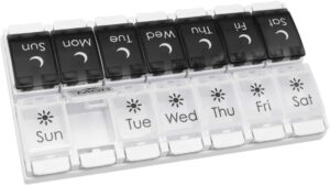 Pill Case, Medicine Planner, Vitamin Organizer, 2 Times a Day AM/PM, Removeabale Trays, Large Compartments, Arthritis Friendly, Black and White Lids, BPA Free