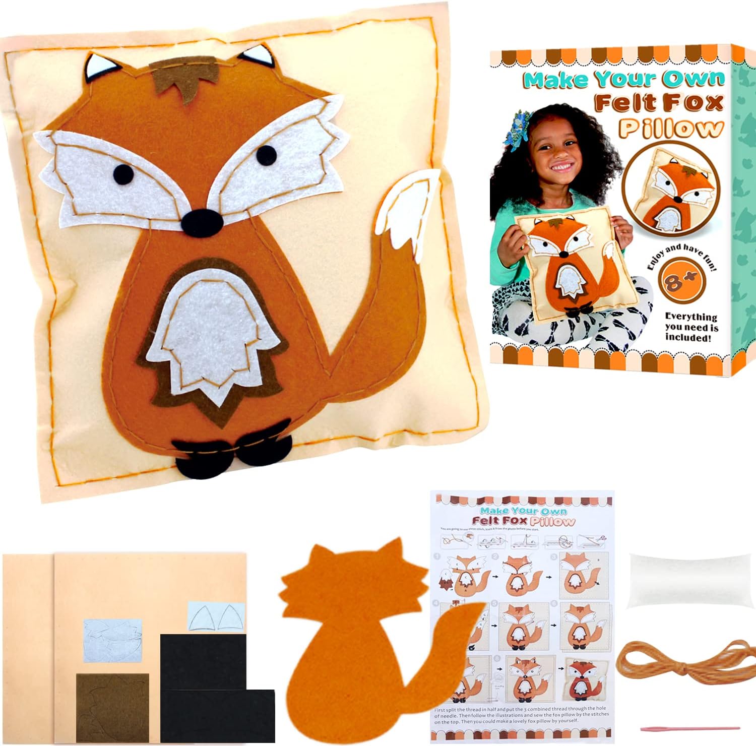 Kids Sewing Kit - Sewing Kit for Kids, Kids Sewing Kits Age 5-8, Kids Sewing Crafts, Make Your Own Felt Pillow, Felt Pillow Kit