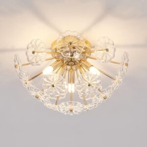 Sputnik Flush Mount Ceiling Light, Gold Metal Flower Ceiling Light Fixtures, 3-Light Farmhouse Close to Ceiling Lamp Fixture